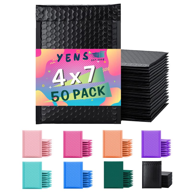 Yens Poly Bubble Mailers 4x8 50 Pack Black Waterproof Self Seal Adhesive Shipping Bags, Cushioning Padded Envelopes for Shipping, Mailing, Packaging Usable 4x7 - Image 1